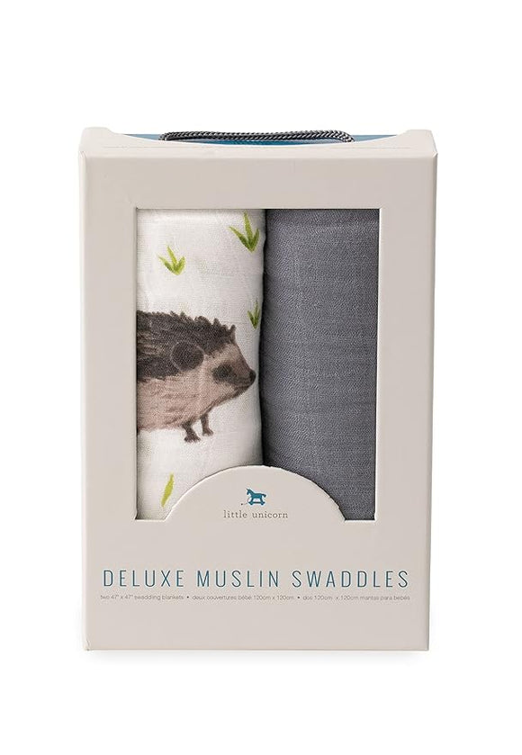 Deluxe Muslin Swaddle 2 Pack: Charcoal + Hedgehog
