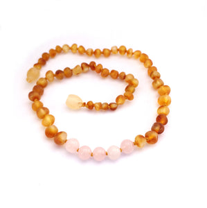 Baltic Amber Teething Neckless- Raw Honey & Rose Quarts  - BY MOTHER GOOSE