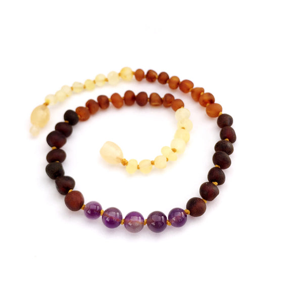 Baltic Amber Teething Neckless- Raw Rainbow with Amethyst Gem  - BY MOTHER GOOSE