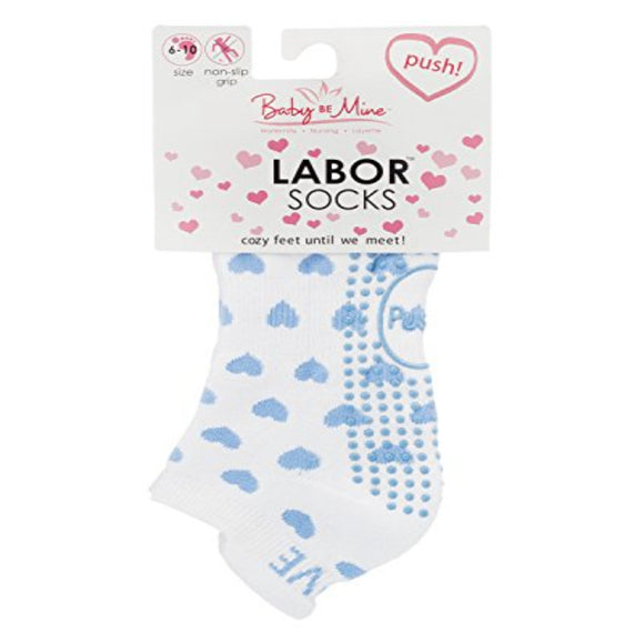 Baby Be Mine Push! Labor Socks in Blue and White Hearts
