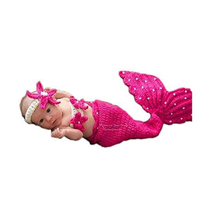 Pinbo Newborn Baby Girls Mermaid Headband Bra Tail Crochet Photography Prop Rose Red