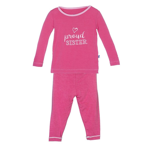 Kickee Pants Holiday Long Sleeve Applique Pajama Set in Winter Rose Proud Sister